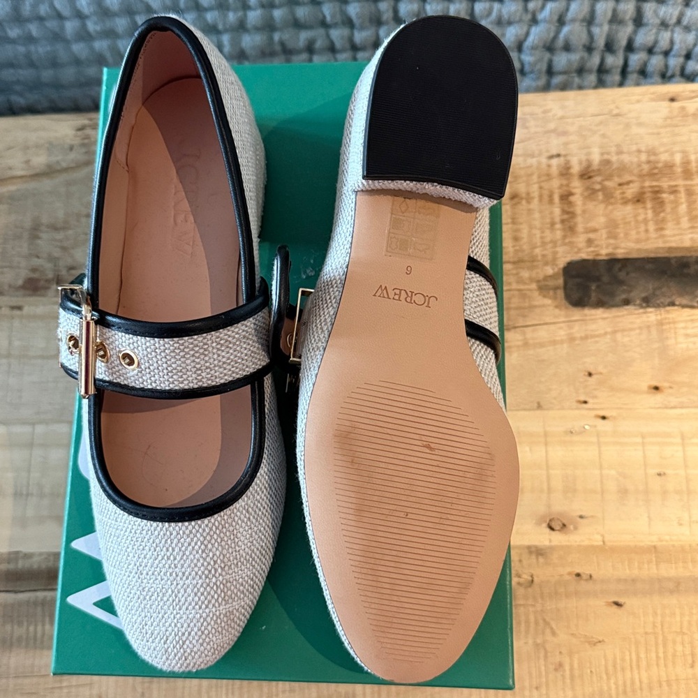 J. Crew Cream Textured Mary Jane Flats with Black Trim and Gold Buckles - Picture 2 of 3